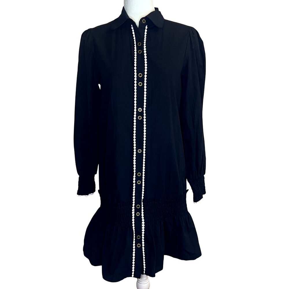 Black Long-Sleeve Button-Down Tunic Shirt Dress Ruffle Hem Smocked Waist Size S
